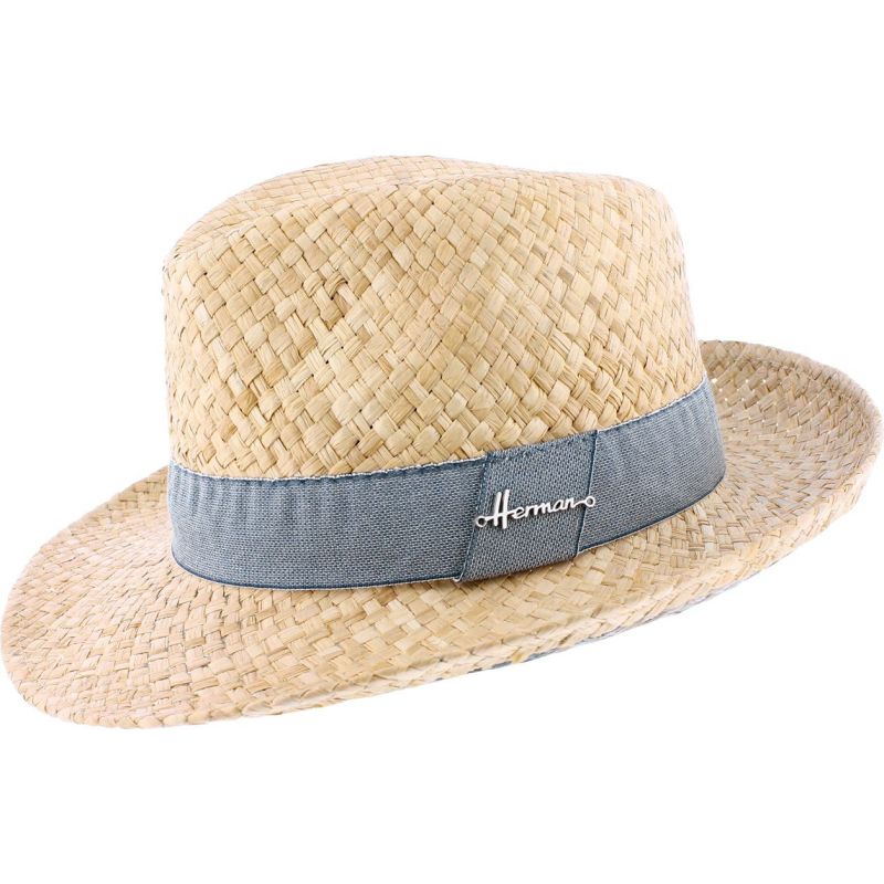 Chapeau grand bord Herman en paille raphia uni avec gros grain denim