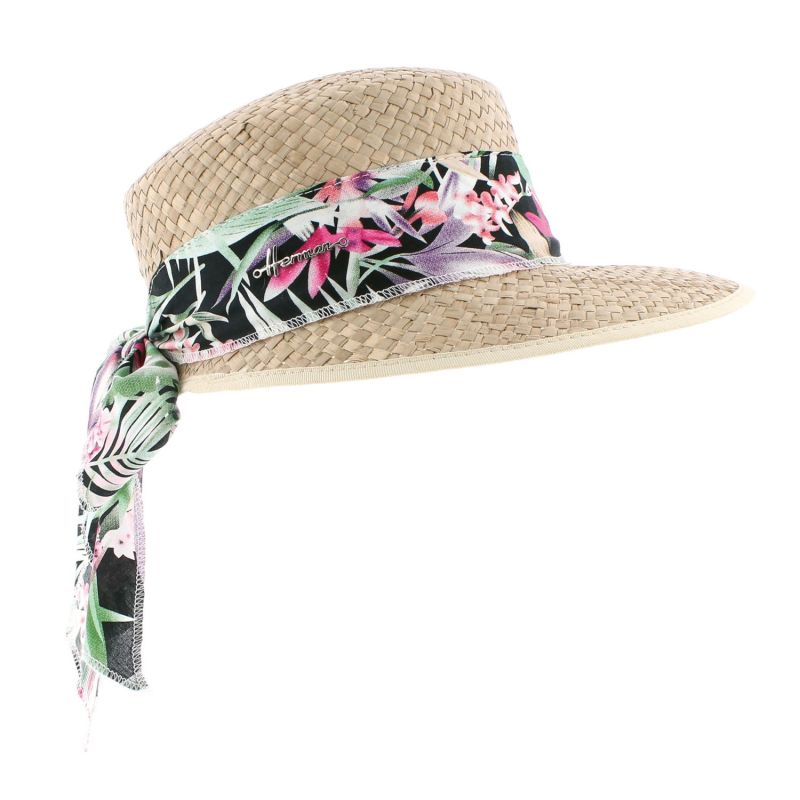 Casquette Herman en paille naturelle garni d'un foulard fleuri